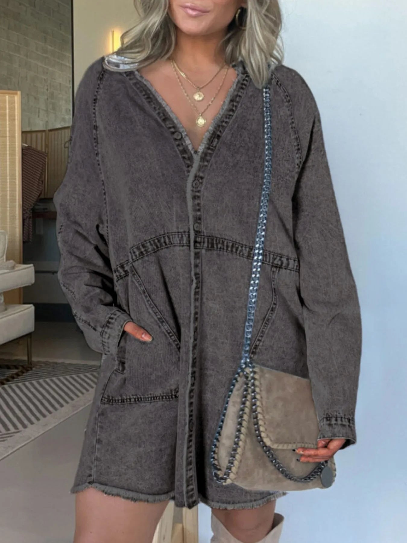 Full Size Button-Front Long Sleeve Denim Shirt Dress Plus Size.