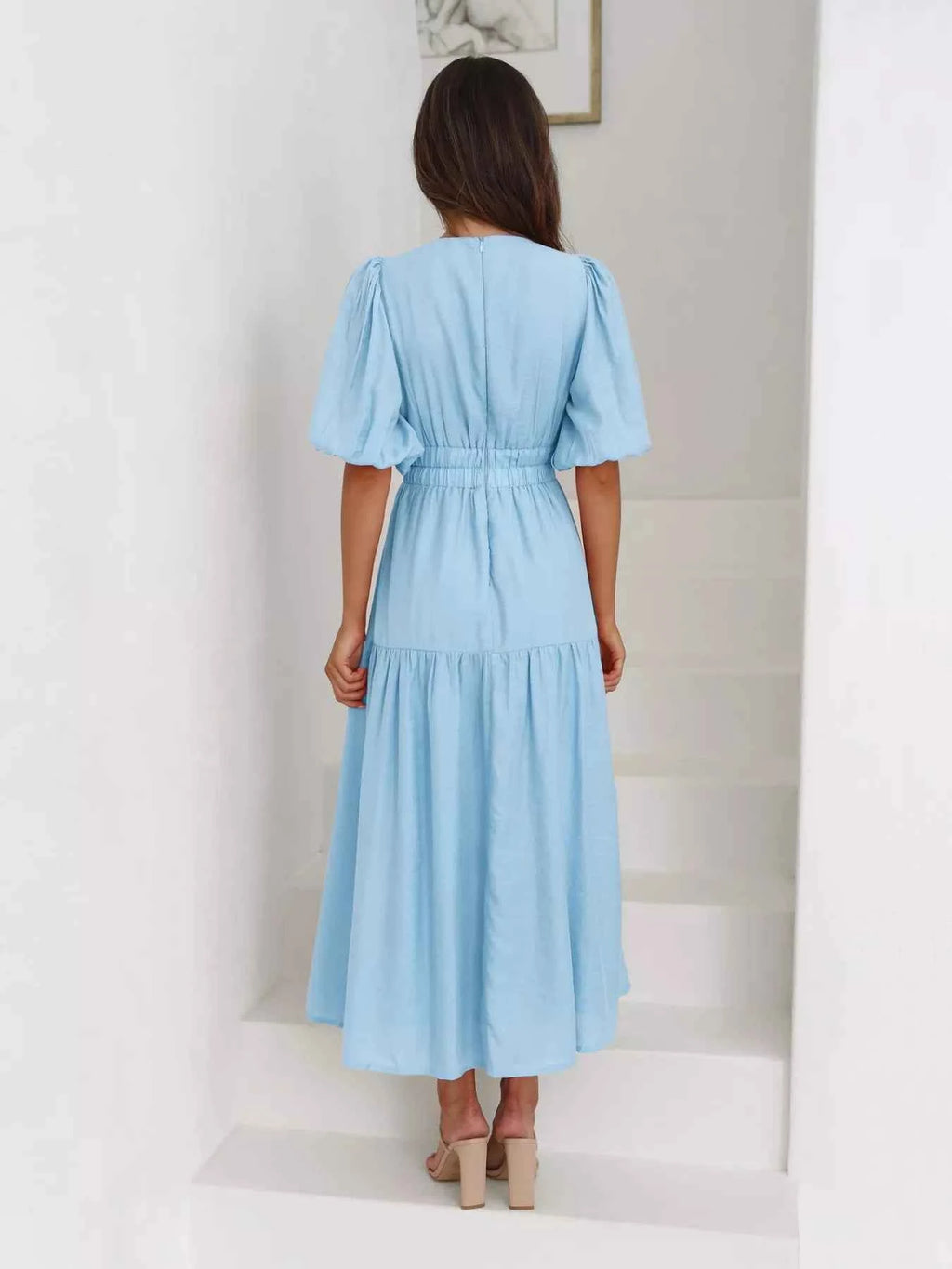 Tiered Puff Sleeve Midi Dress