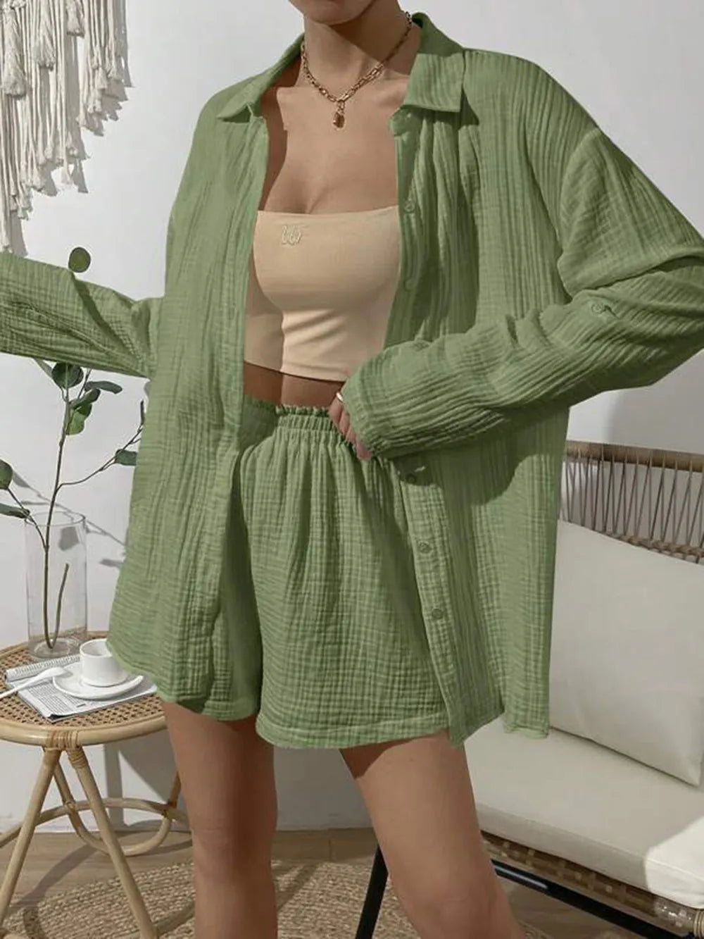 Dropped Shoulder Button Up Top and Elastic Waist Shorts Set - CHIC TB