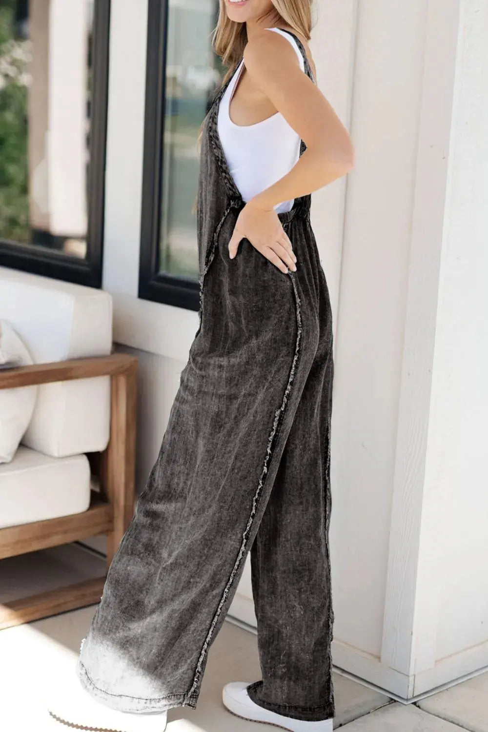 Frayed Exposed Seam Wide Leg Denim Overalls.