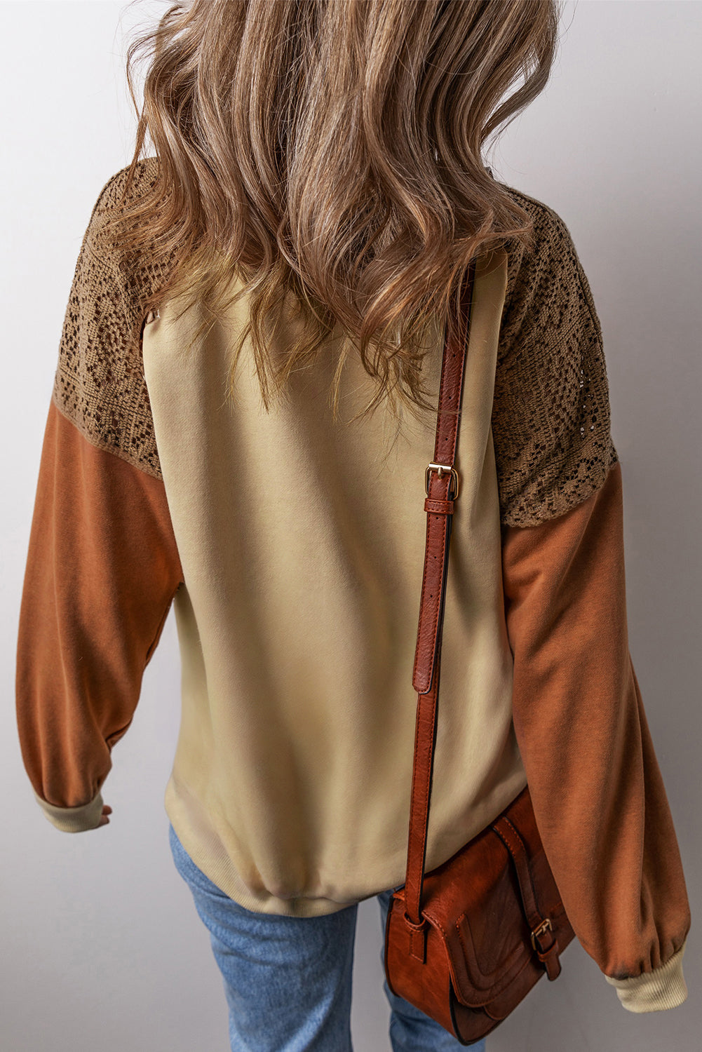 Khaki Lace Patchwork Colorblock Drop Shoulder Sweatshirt Dear-Lover Dropshipping