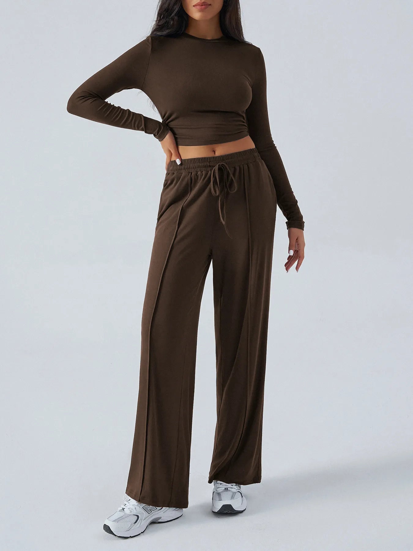 Round Neck Long Sleeve Top and Pants Set.