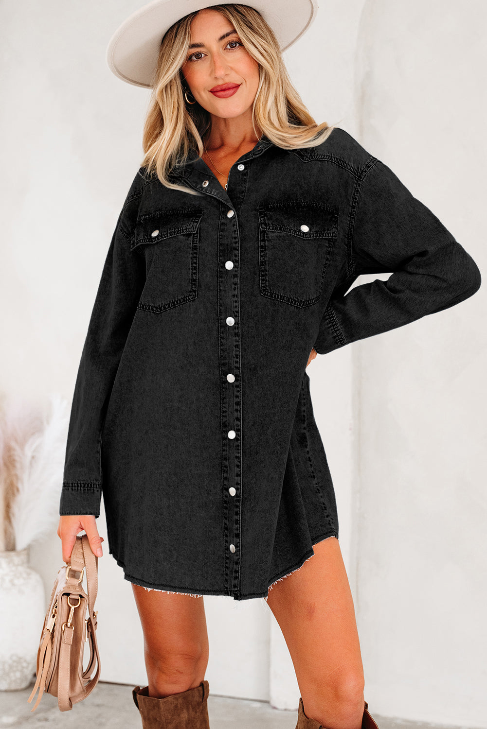 Medium Grey Beau Chest Pocket Raw Hem Denim Loose Shirt Dress Dear-Lover Dropshipping