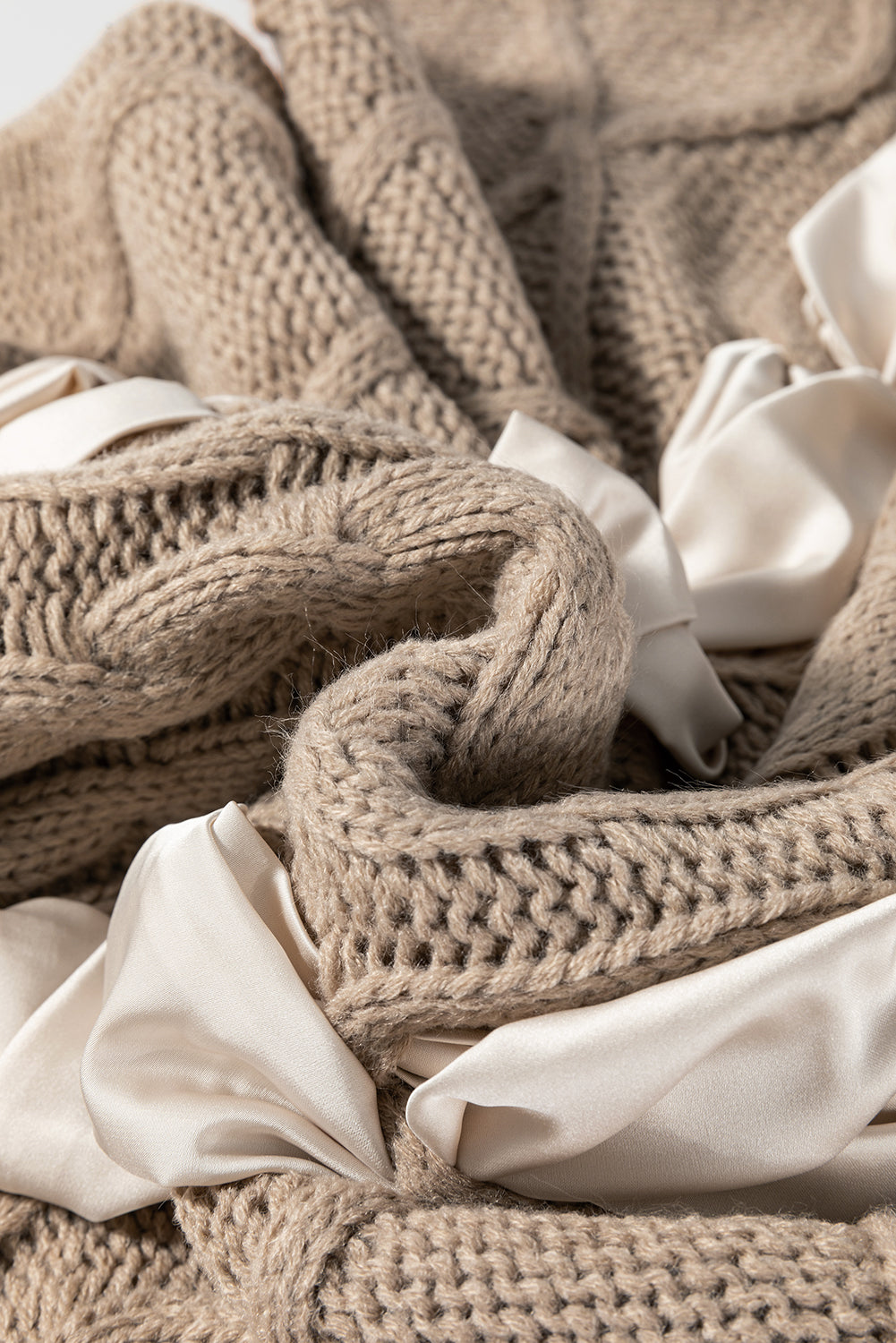 Simply Taupe Cable Knit Colorblock Satin Bowknot Short Sleeve Sweater Dear-Lover Dropshipping