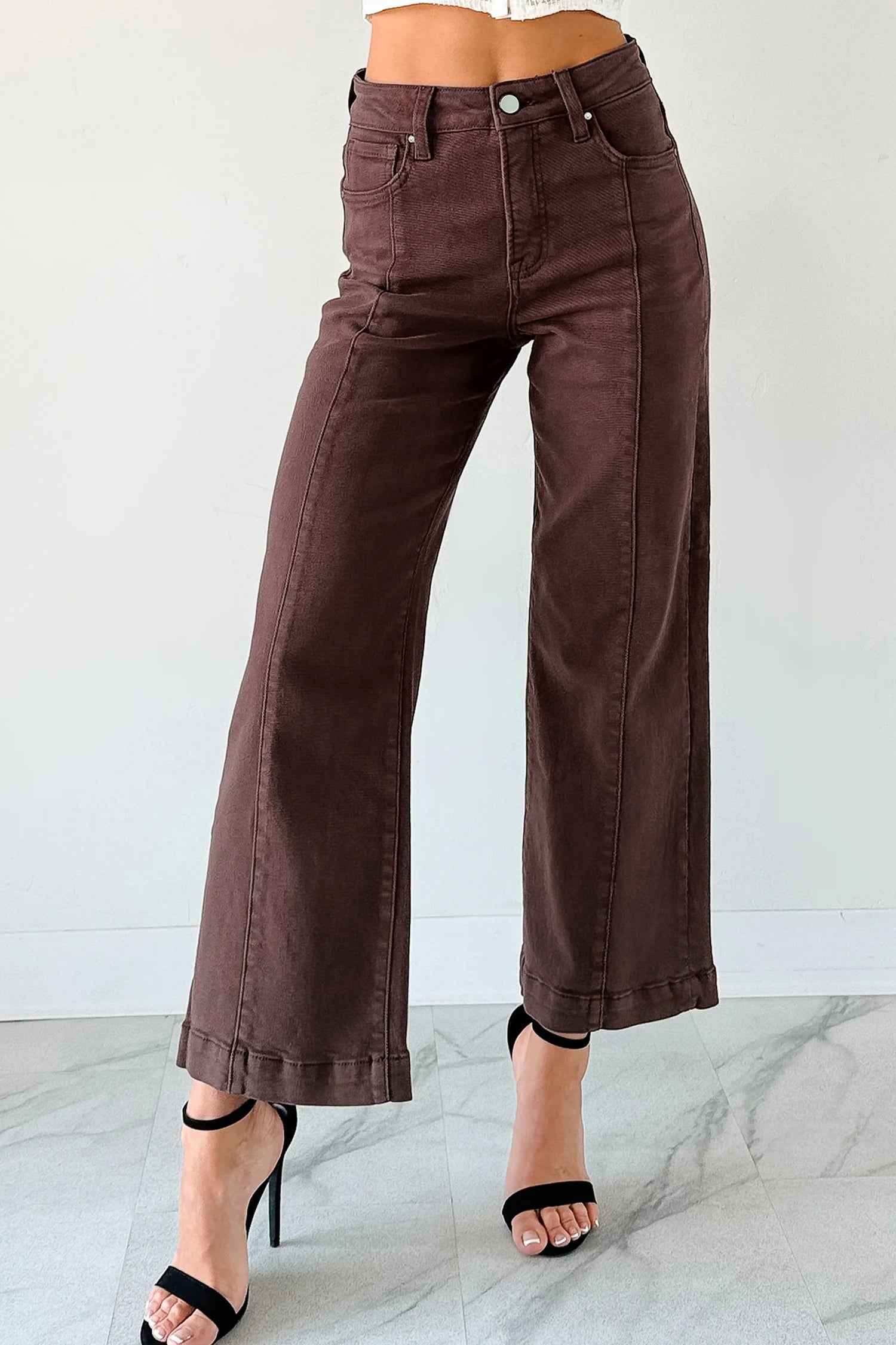 Red Sandalwood Solid Color Seamed Center Wide Leg Cropped Jeans