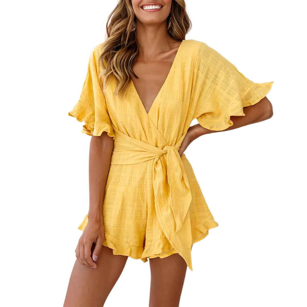 V-Neck Tie-Waist Yellow Dress Short Sleeve Vacation Fashion Women's Dress