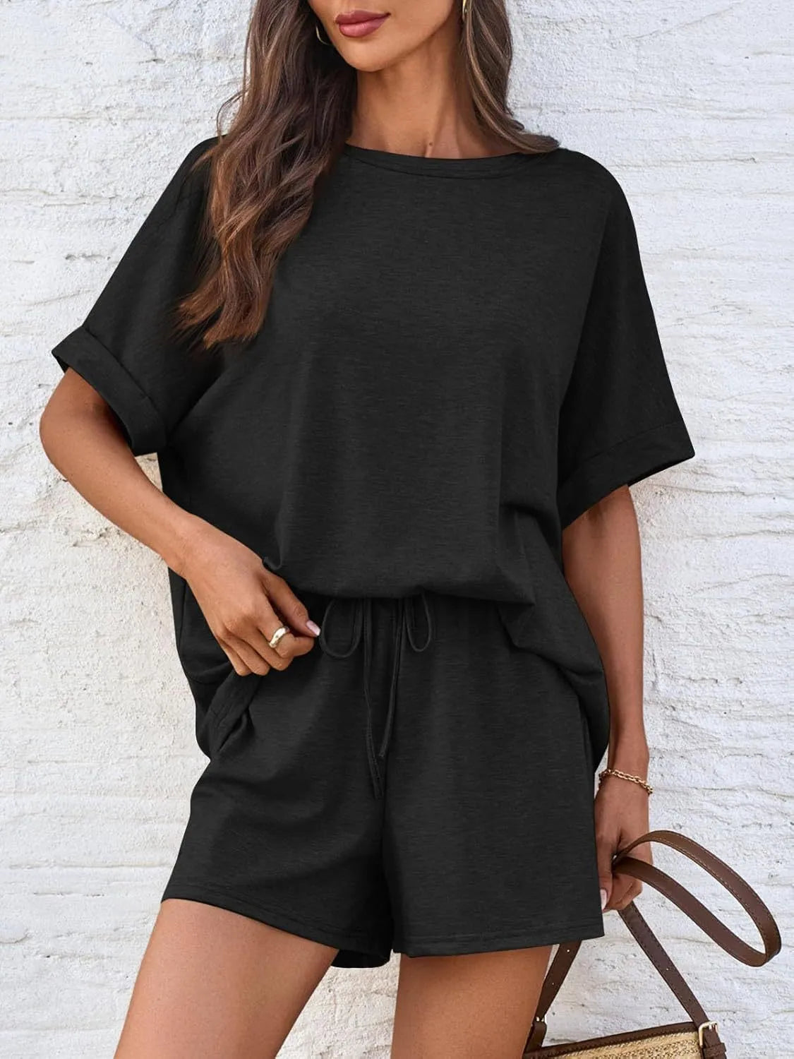 Round Neck Short Sleeve Top and Shorts Set.