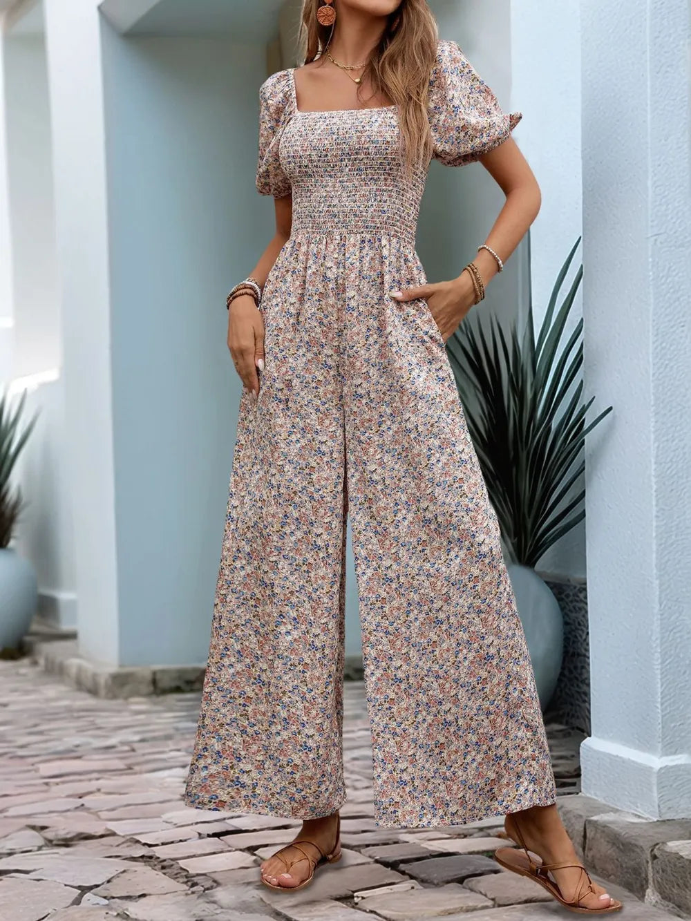 Perfee Ditsy Floral Smocked Square Neck Puff Sleeve Jumpsuit - CHIC TB