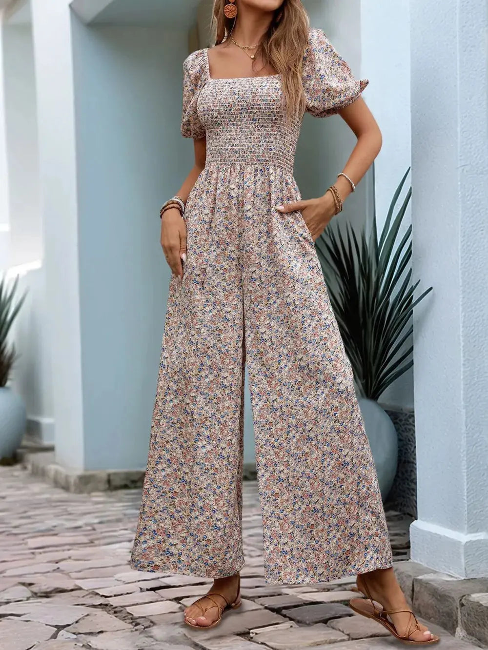 Perfee Ditsy Floral Smocked Square Neck Puff Sleeve Jumpsuit.