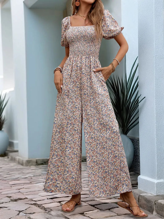 Perfee Ditsy Floral Smocked Square Neck Puff Sleeve Jumpsuit - CHIC TB