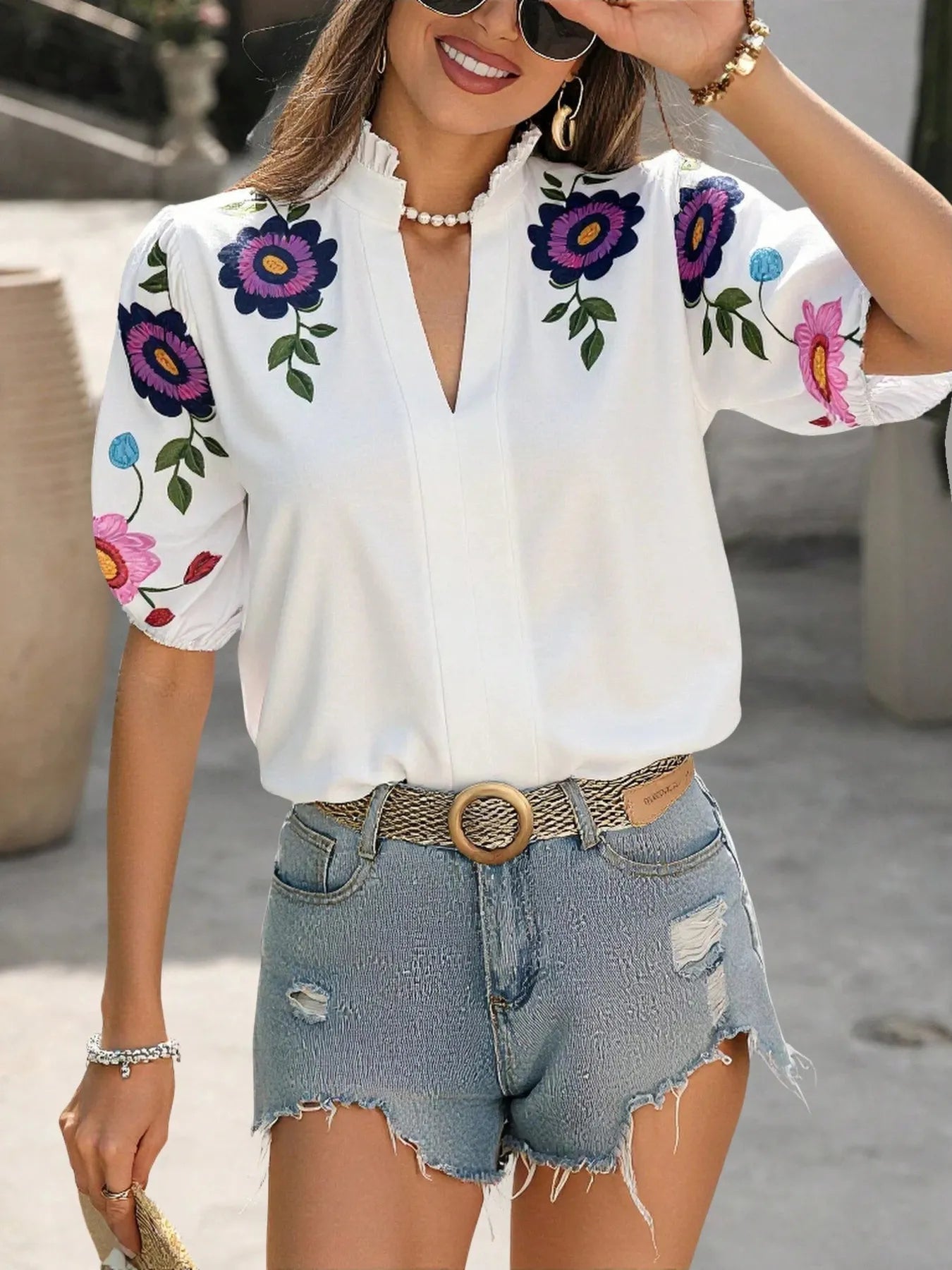Floral Print Notched Puff Sleeve Blouse.