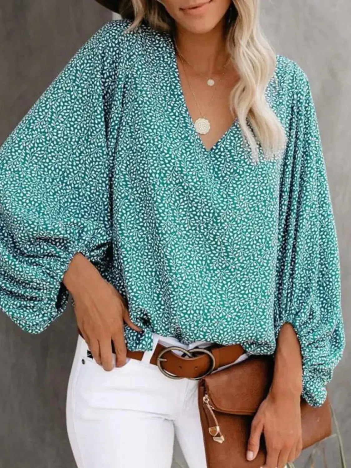 Printed V-Neck Long Sleeve Blouse.