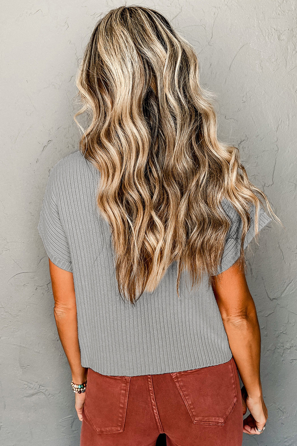 Gray Patch Pocket Ribbed Knit Short Sleeve Sweater Dear-Lover Dropshipping