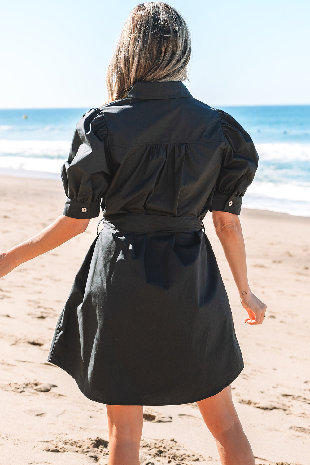 Black Button Up Tie Waist Puff Sleeve Mini Dress Dear-Lover Dropshipping