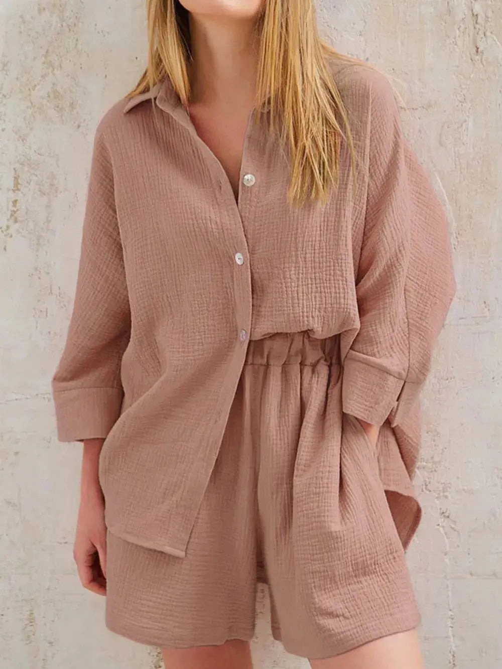 Texture Button Up Shirt and Shorts Set - CHIC TB