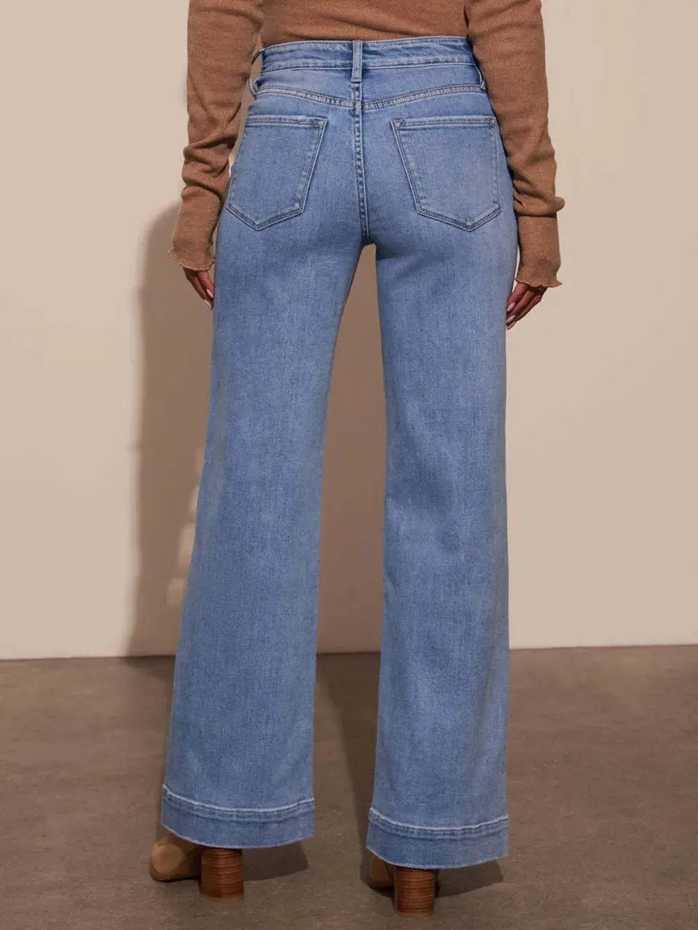 High Rise Front Pocket Patch Wide Leg Jeans.