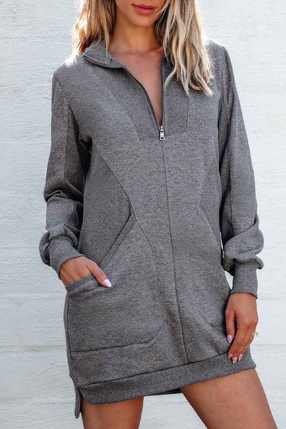 Dark Grey Zip up Collared Ribbed Patchwork Sweatshirt Dress with Pockets