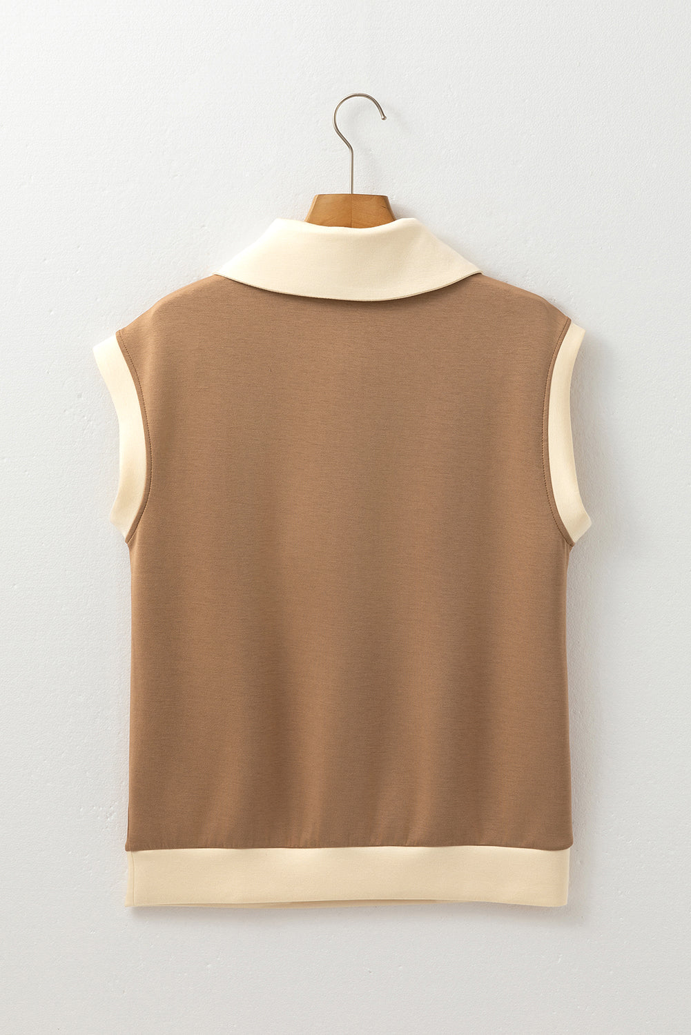 Simply Taupe Half Zipper Collared Colorblock Short Sleeve Top Dear-Lover Dropshipping