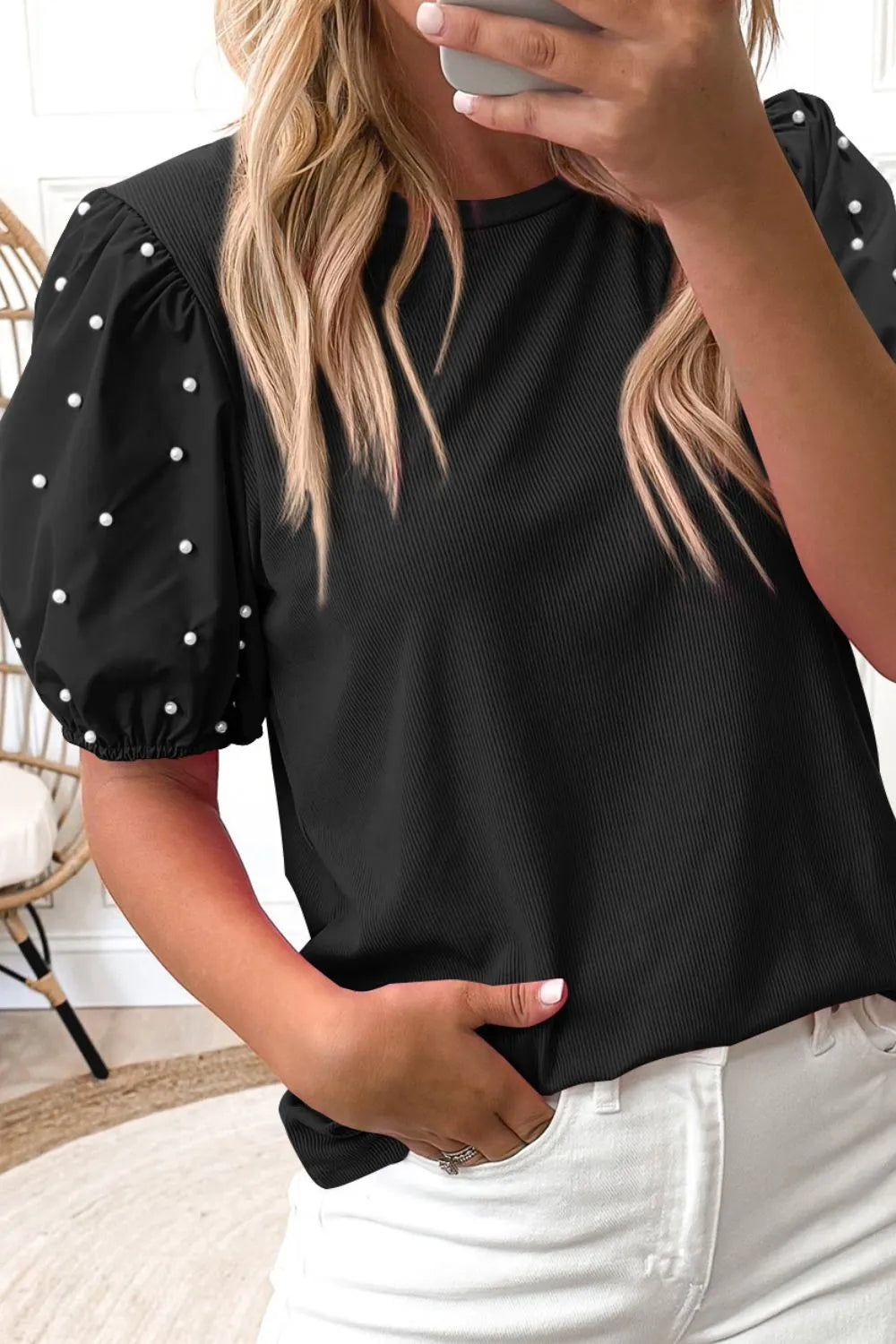 Pearl Detail Round Neck Short Sleeve Blouse.