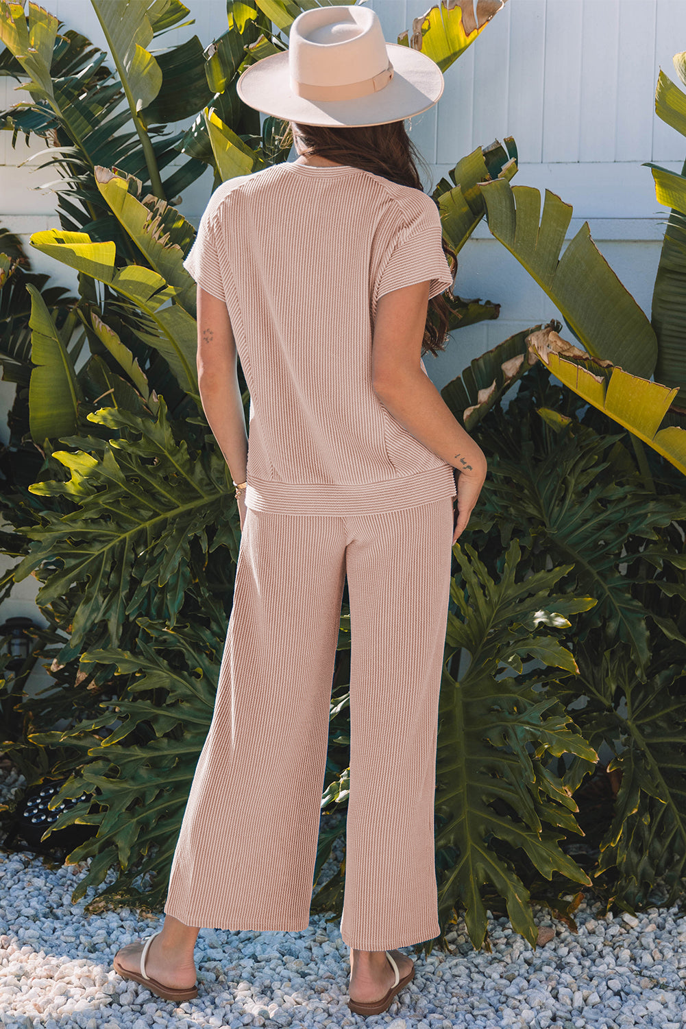 Smoke Gray Solid Corded Knit Short Sleeve T Shirt and Wide Leg Pants Set Dear-Lover Dropshipping