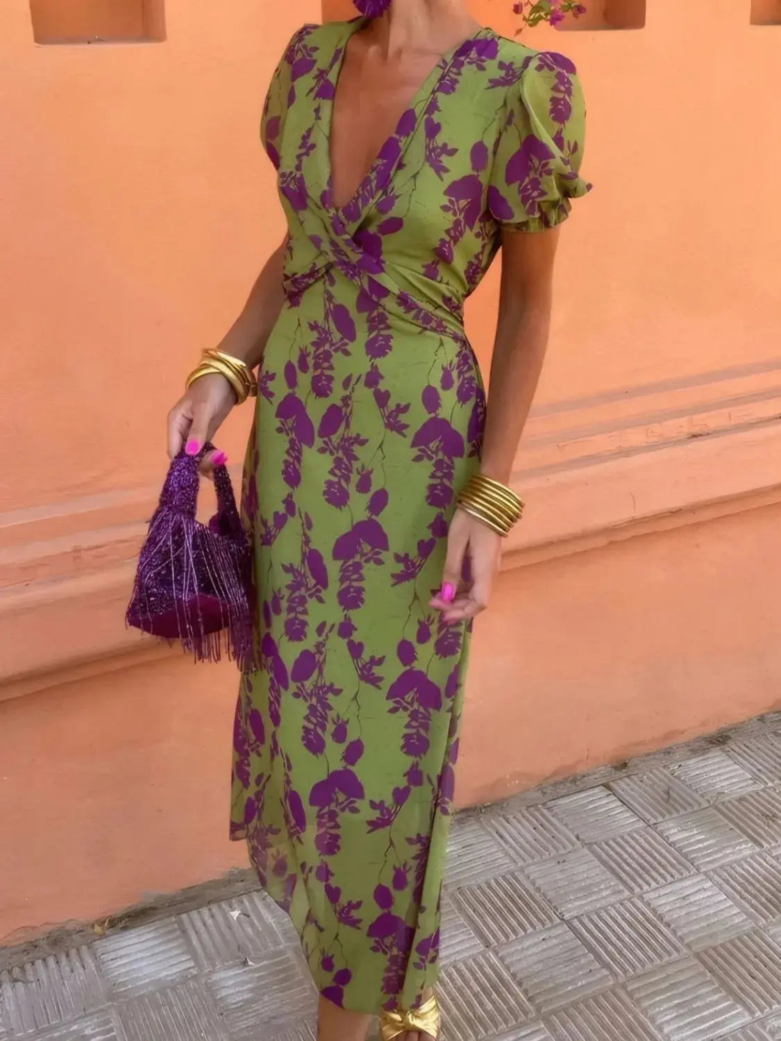 Printed Plunge Short Sleeve Midi Dress.