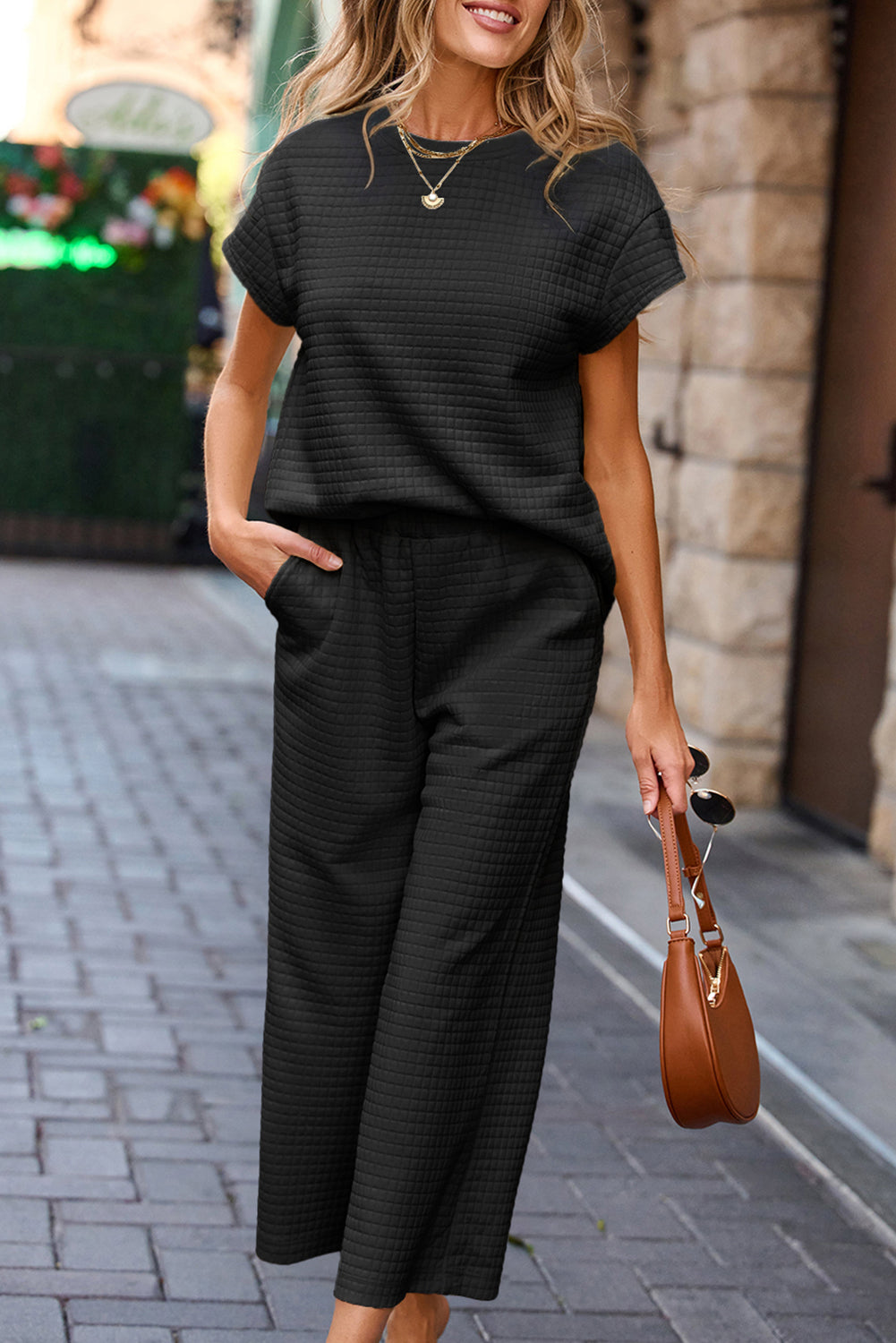 Black Solid Color Textured Short Sleeve Top and Casual Pants Set Dear-Lover Dropshipping