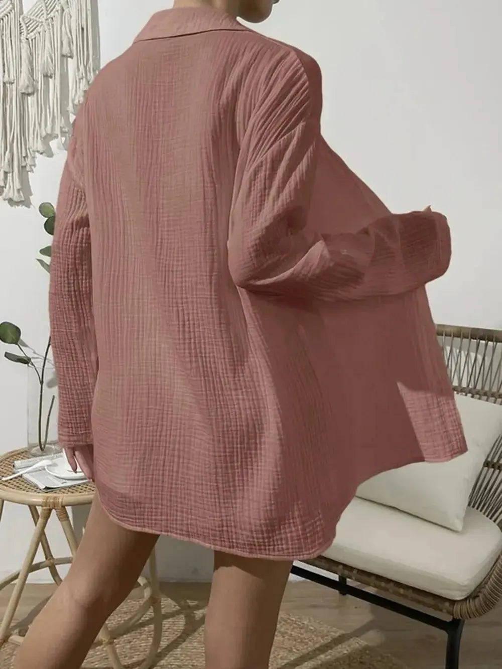 Dropped Shoulder Button Up Top and Elastic Waist Shorts Set - CHIC TB