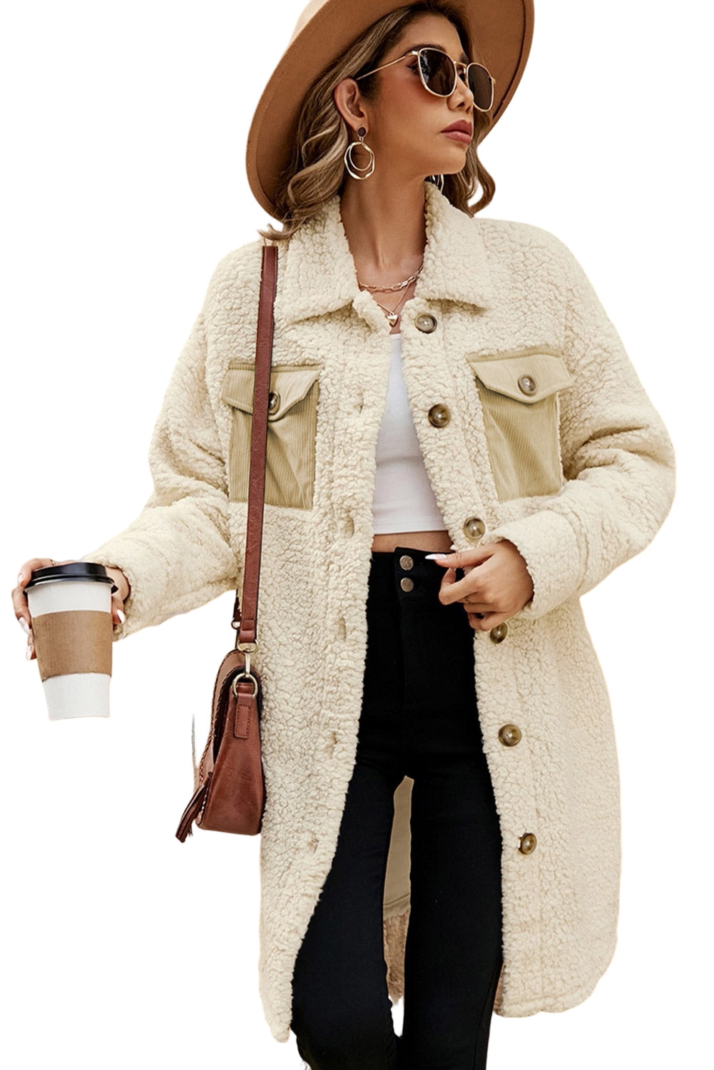 Beige Contrast Flap Pocket Single Breasted Teddy Coat Dear-Lover Dropshipping