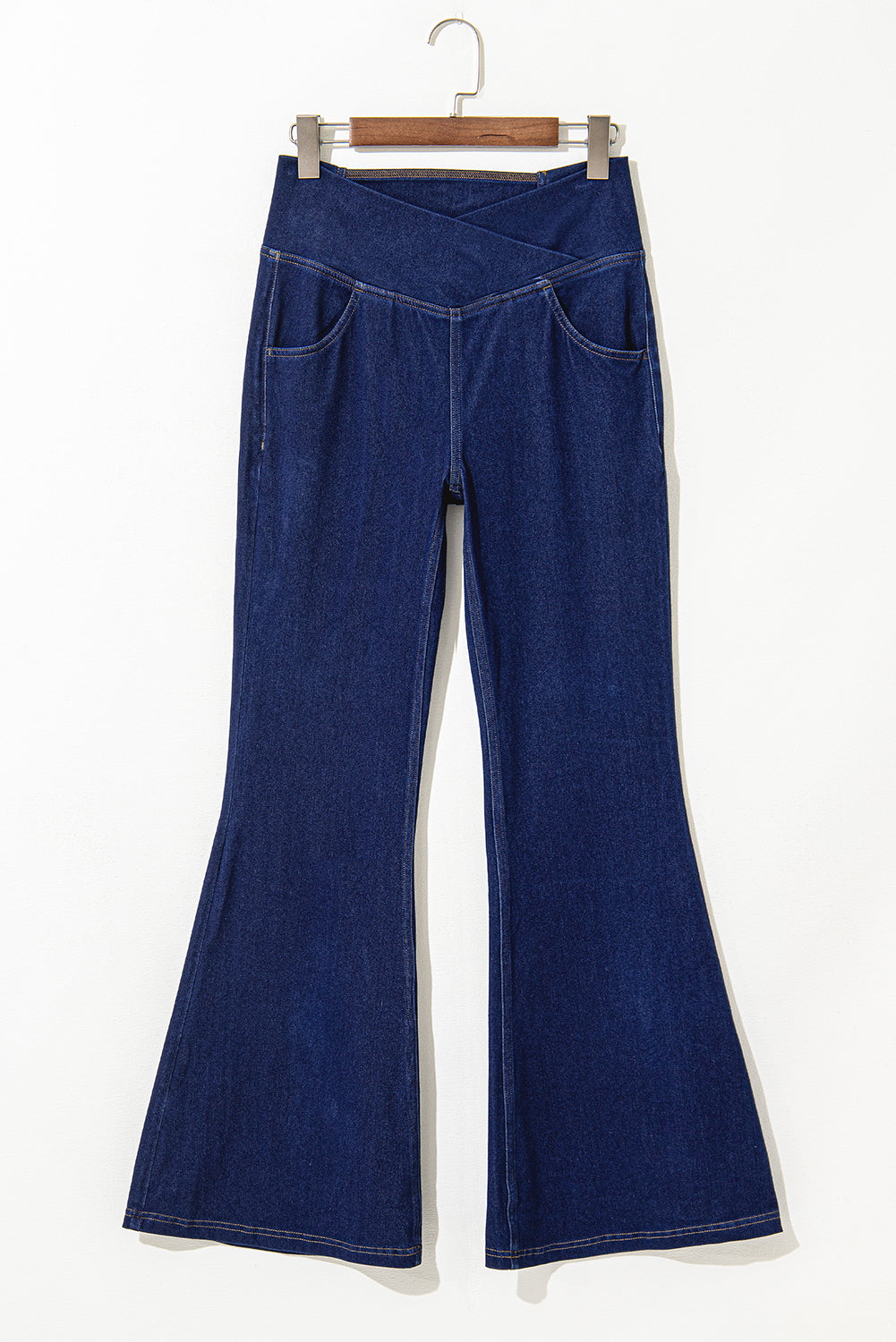 Dusk Blue Solid Crossed Waist High Elastic Fit Flare Knit Jeans Dear-Lover Dropshipping