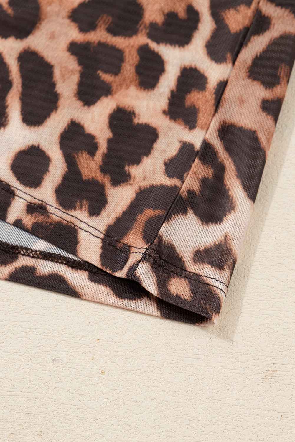 Brown Leopard Mock Neck Long Sleeve Mesh Top