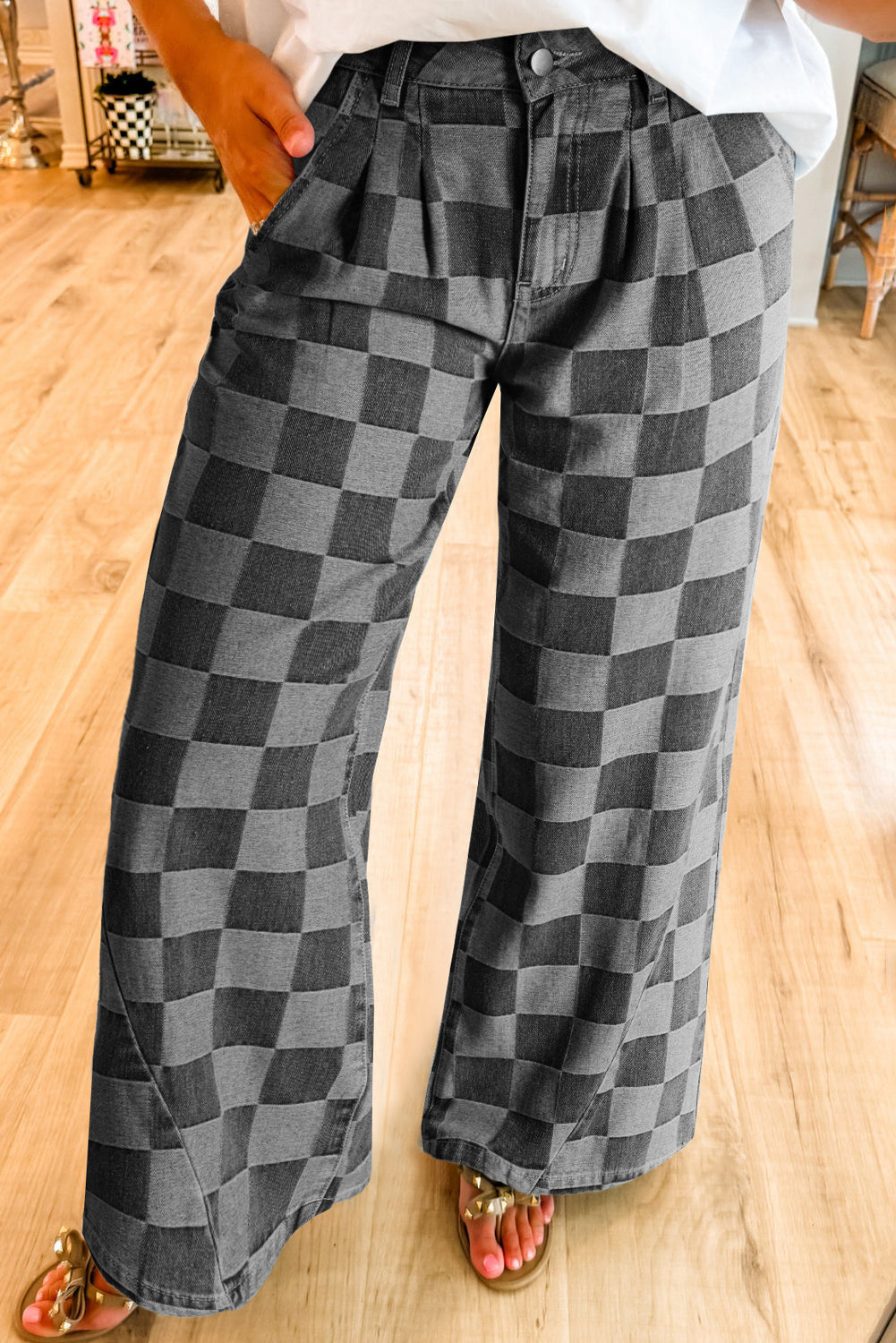 Dark Grey Checkered Denim Wide Leg Jeans Dear-Lover Dropshipping