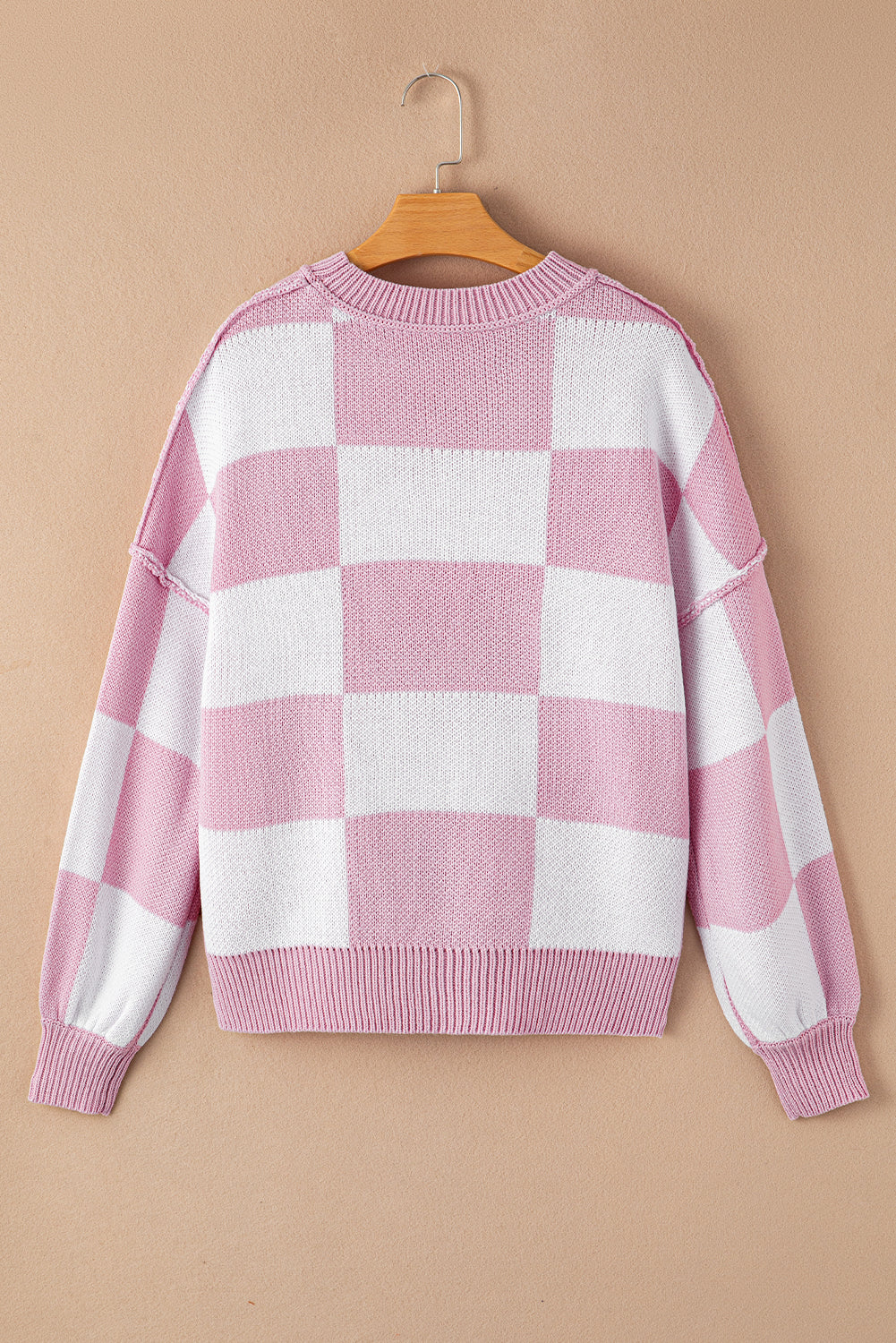 Pink Checkered Bishop Sleeve Sweater Dear-Lover Dropshipping
