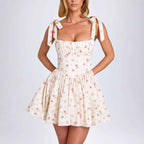 Square collar high waisted pleated patchwork bow suspender dress