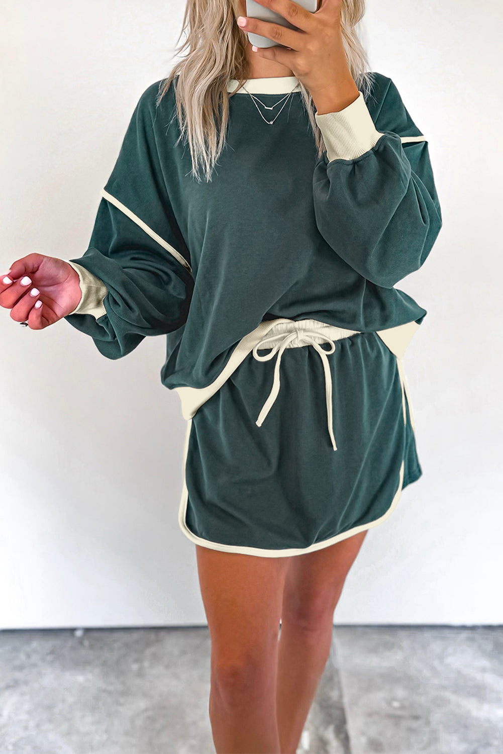 Evergreen Color Contrast Loose Pullover and Lace-up Waist Skort Set Dear-Lover Dropshipping