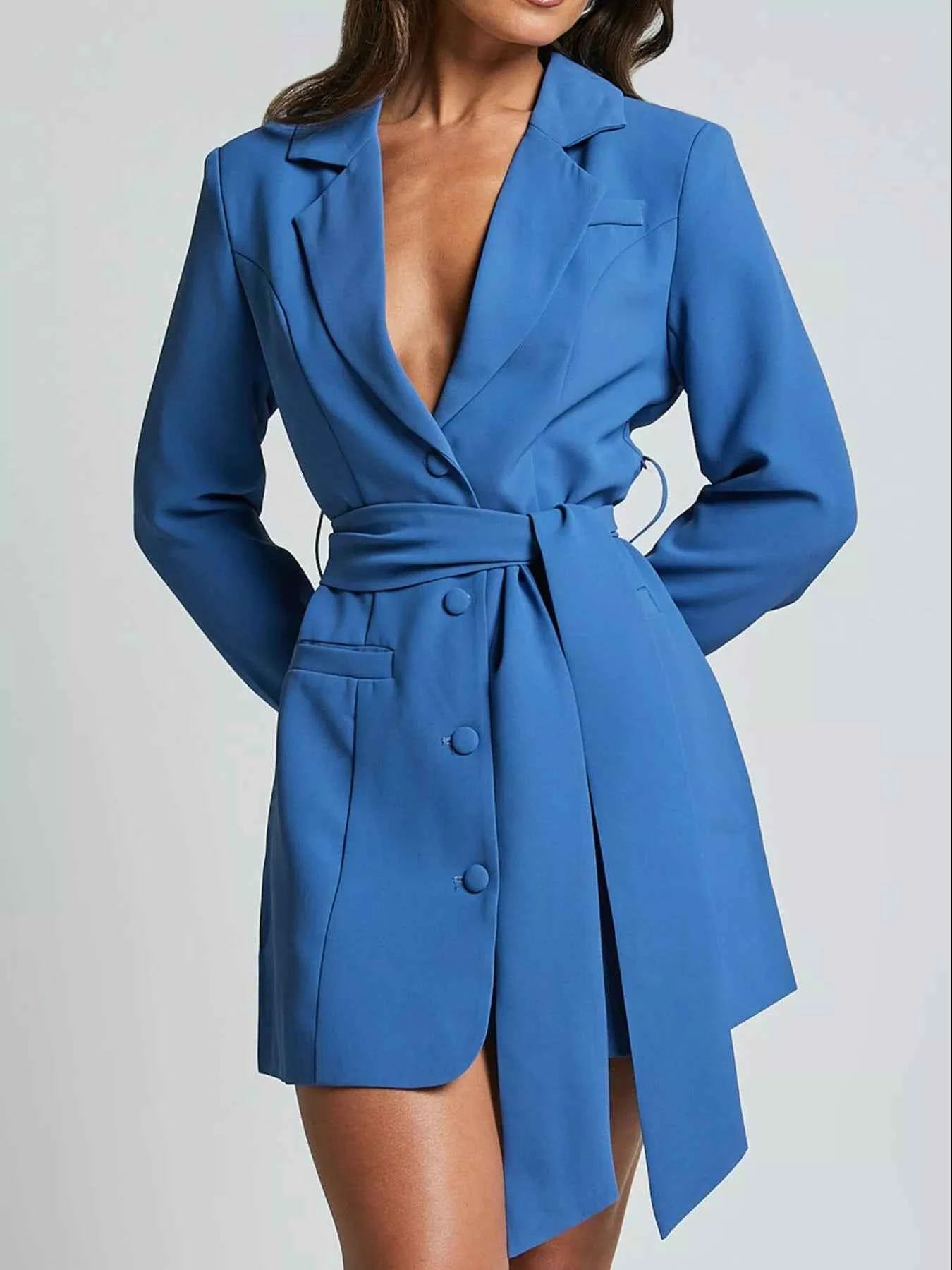 Lapel Collar Tie Waist Blazer