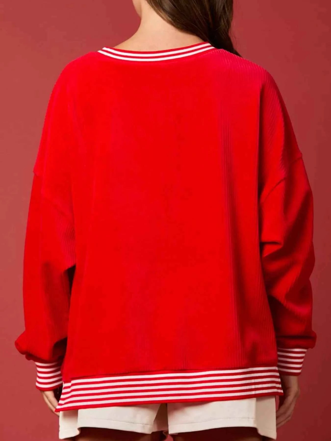 Christmas Sequin Candy Cane and Santa Sweatshirt with Striped Hem