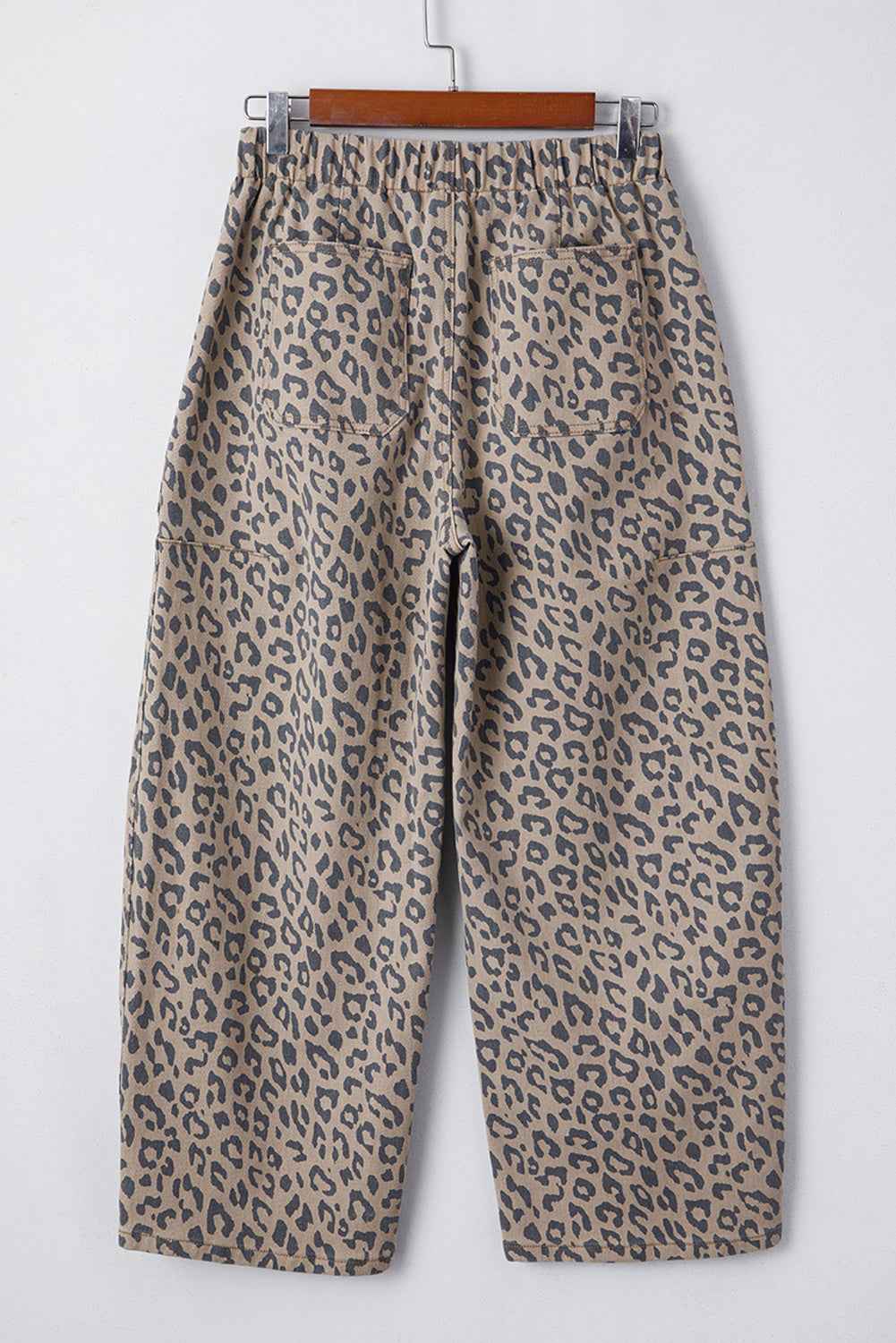 Khaki Leopard Printed Drawstring Elastic Waistband Pocketed Wide Leg Jeans