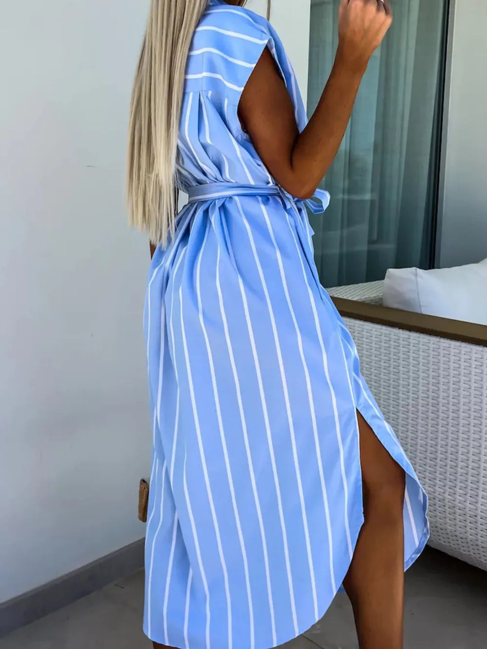 Striped Tie Waist Short Sleeve Dress.