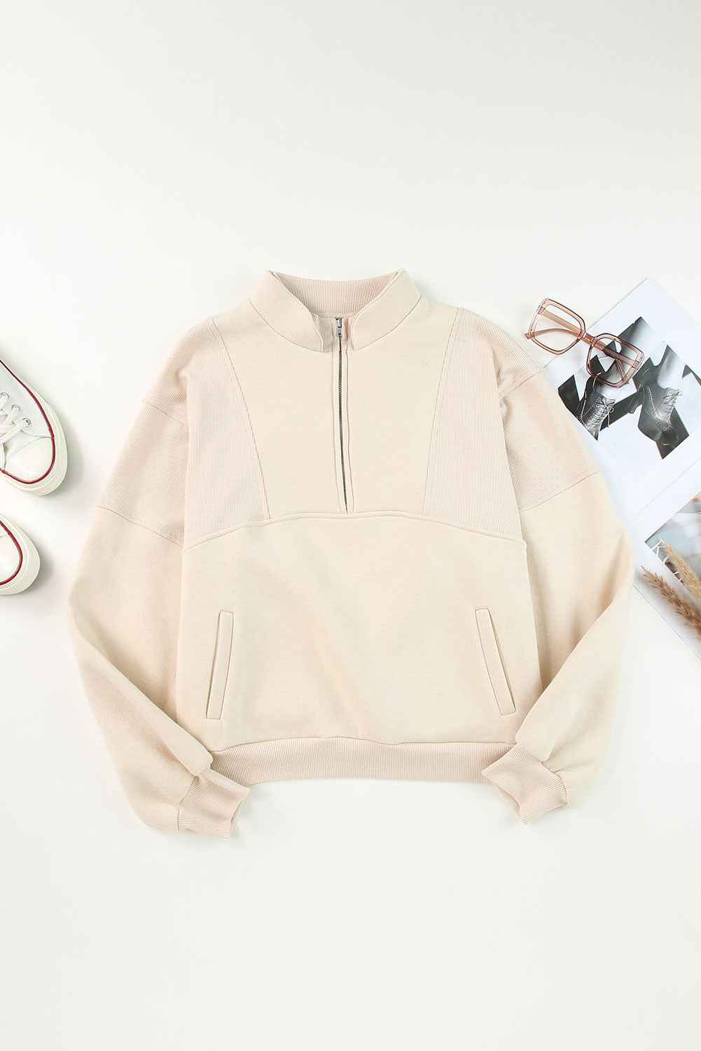 Apricot Half Zip Stand Collar Exposed Seam Solid Color Casual Sweatshirt