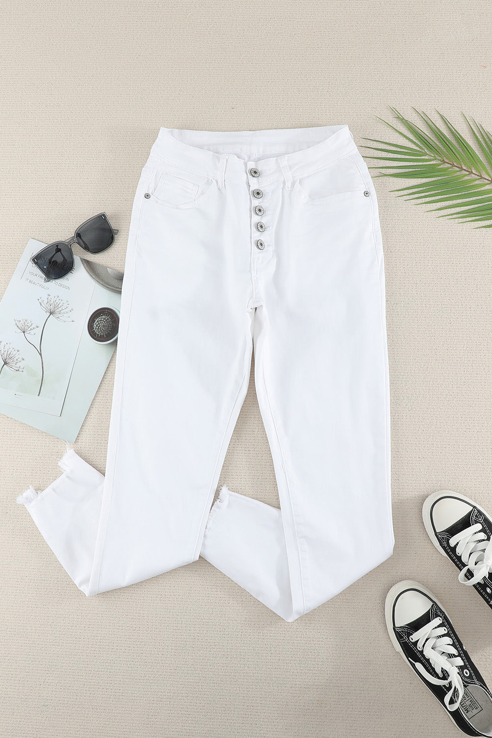 White Plain High Waist Buttons Frayed Cropped Denim Jeans Dear-Lover Dropshipping