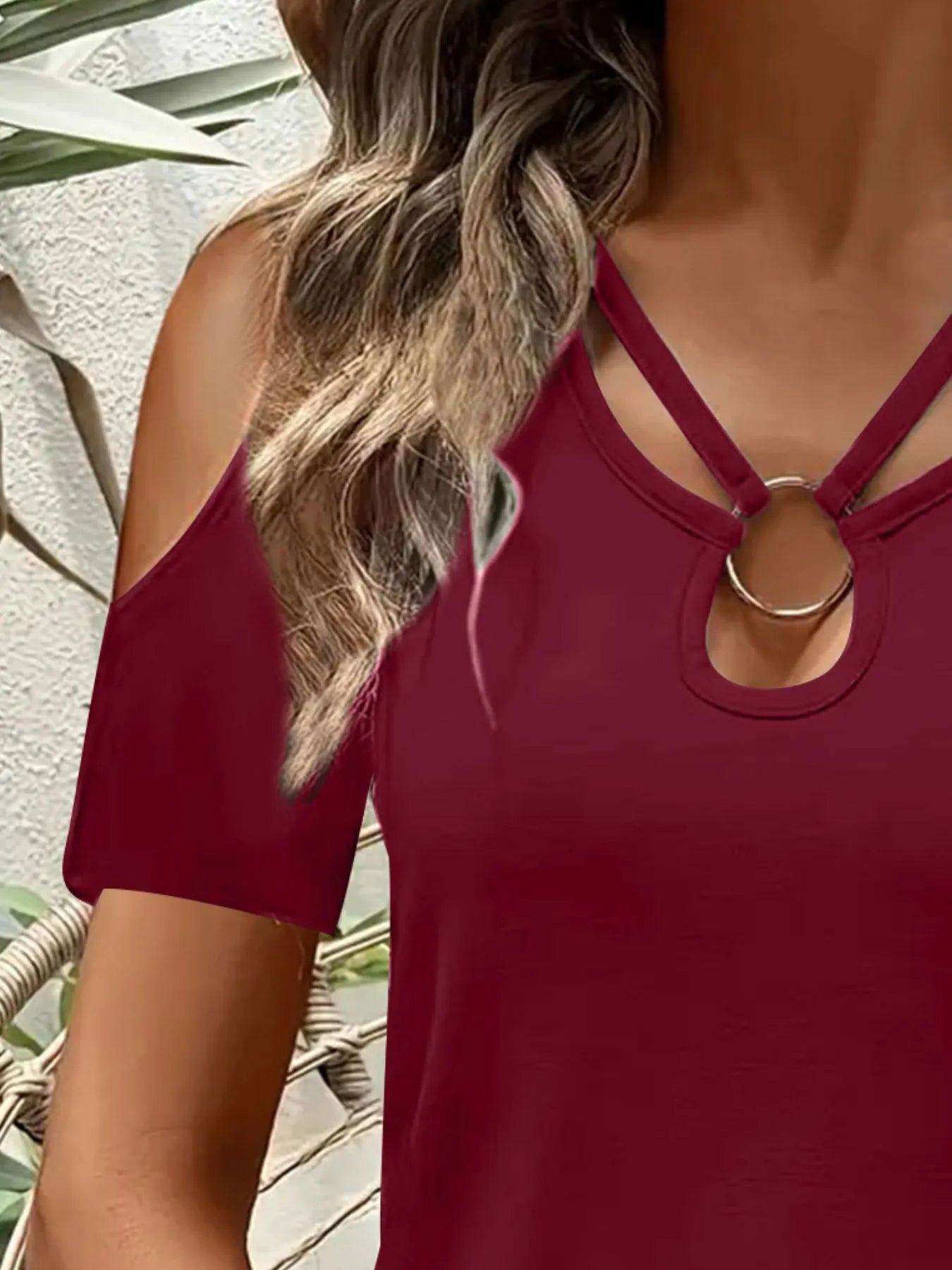 Cold Shoulder T-Shirt with Metal Ring Detail.