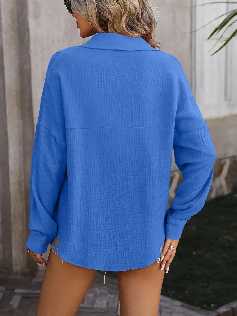 Mandy Textured Pocketed Button Up Dropped Shoulder Shirt.