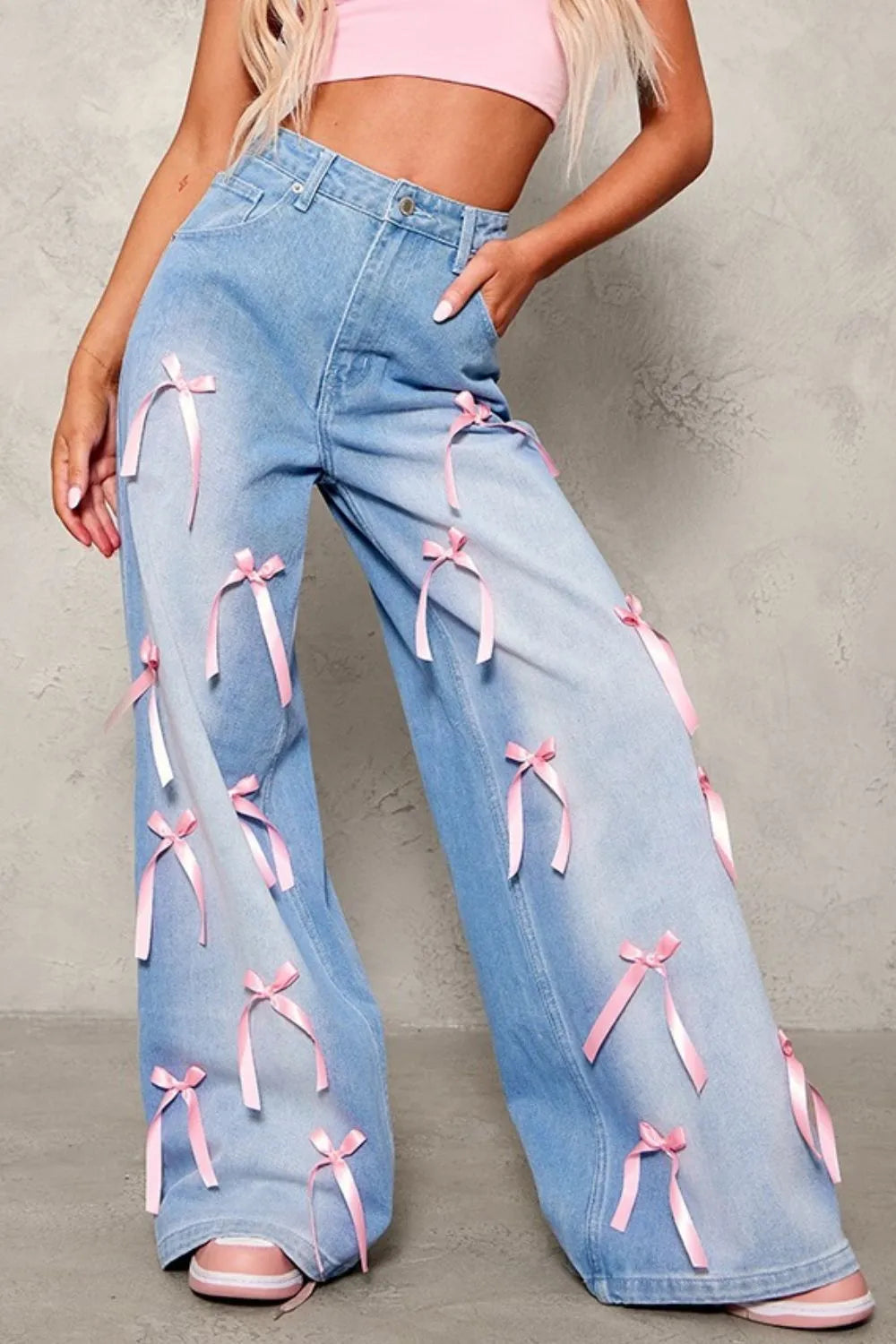 Bow Decorated Wide Leg Denim Jeans.