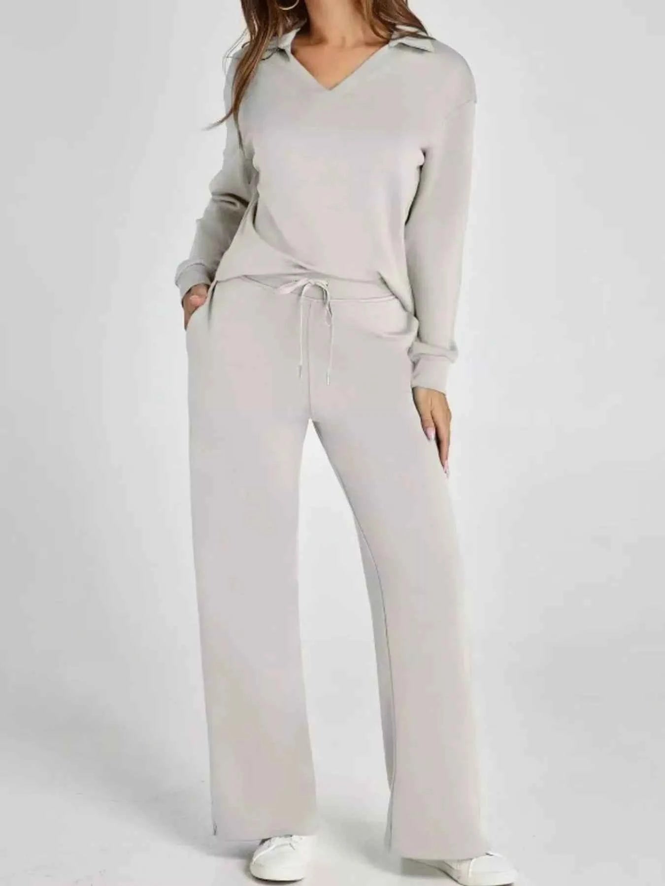 Full Size Johnny Collar Long Sleeve Top and Pants Plus Size