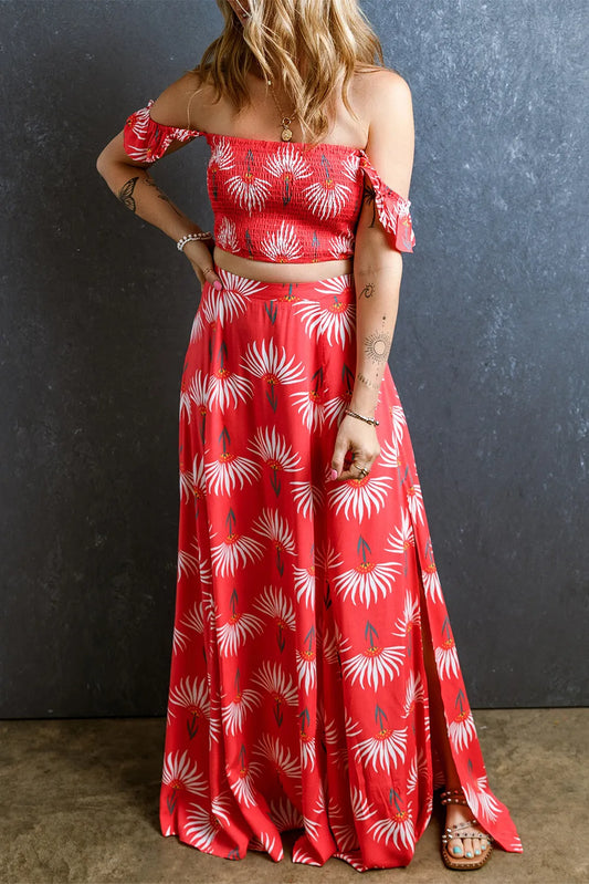 WOMEN Off-Shoulder Top and Slit Skirt Set - CHIC TB