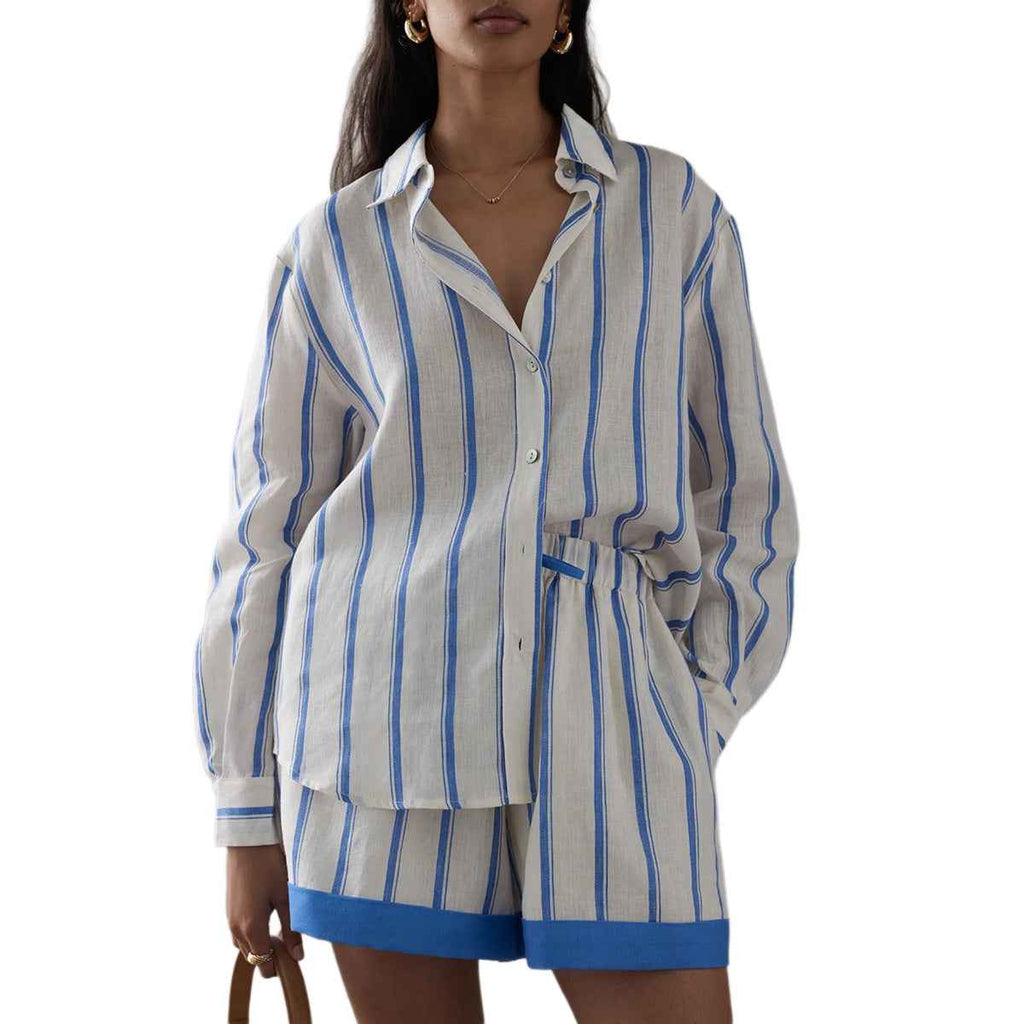 Linen Blue and White Stripe Shirt Women's Loose Bohemian Long Sleeve Casual Set Office Wear Two-Piece Shirt