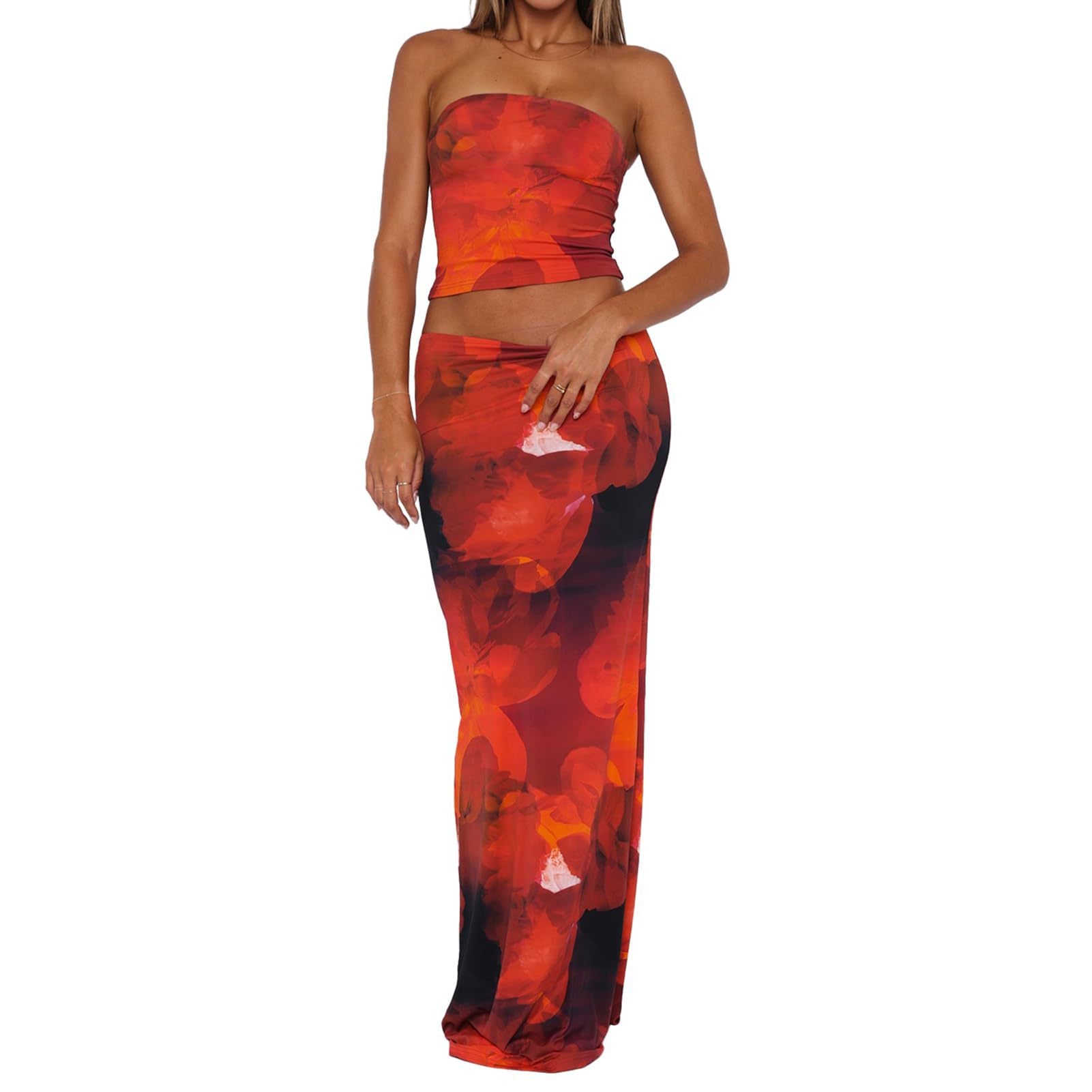 Sexy Fitted Strapless Floral Crop Top amp Bodycon Skirt Two-Piece Set for Women