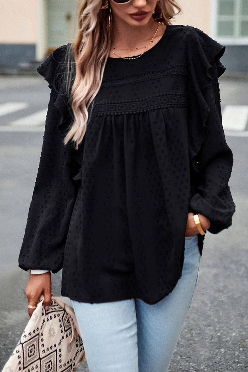 Black Lace Eyelet Ruffle Shoulder Long Sleeve Blouse Dear-Lover Dropshipping