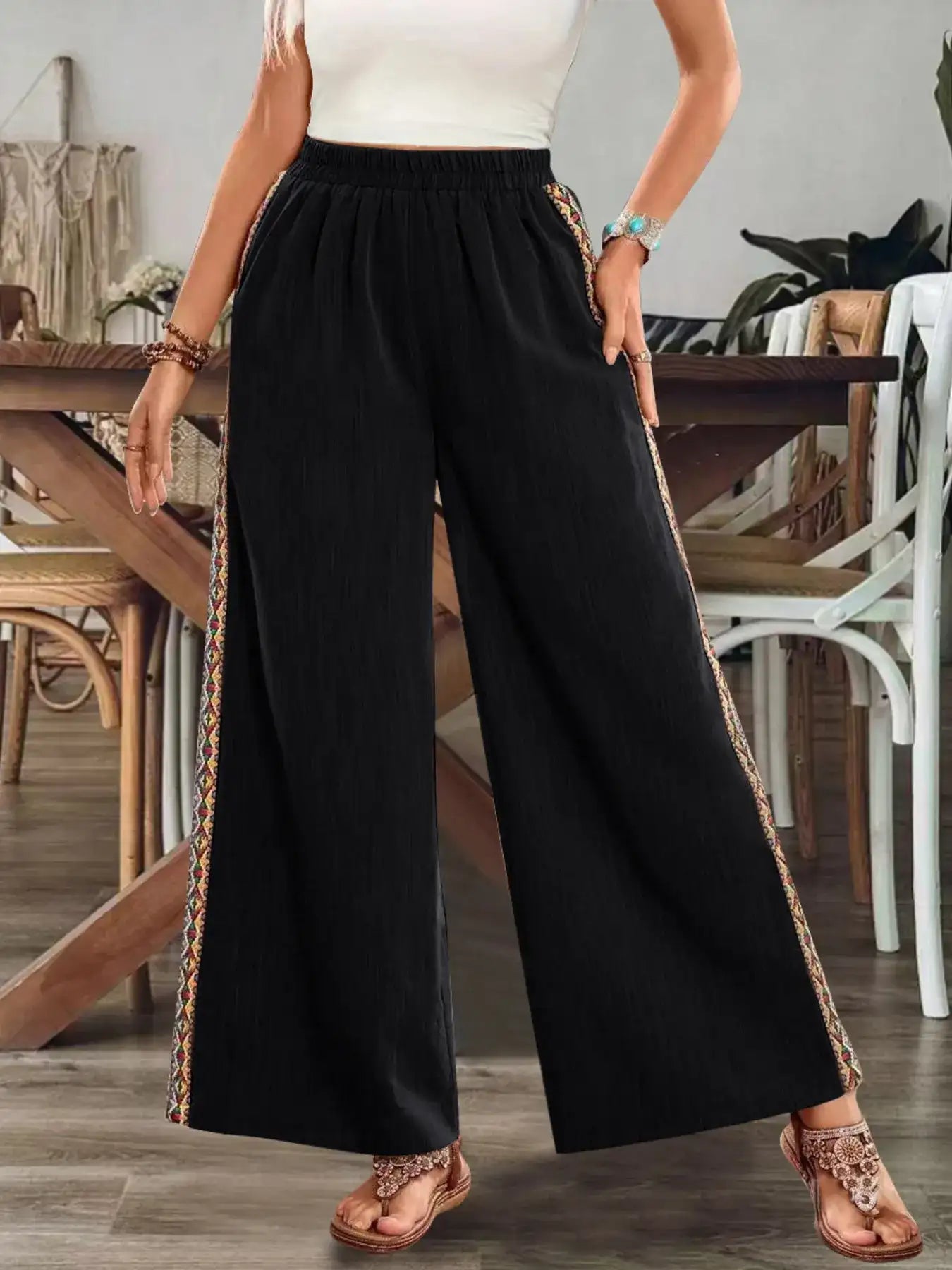 Bohemian Wide Leg Embroidered Side Stripe Pants.