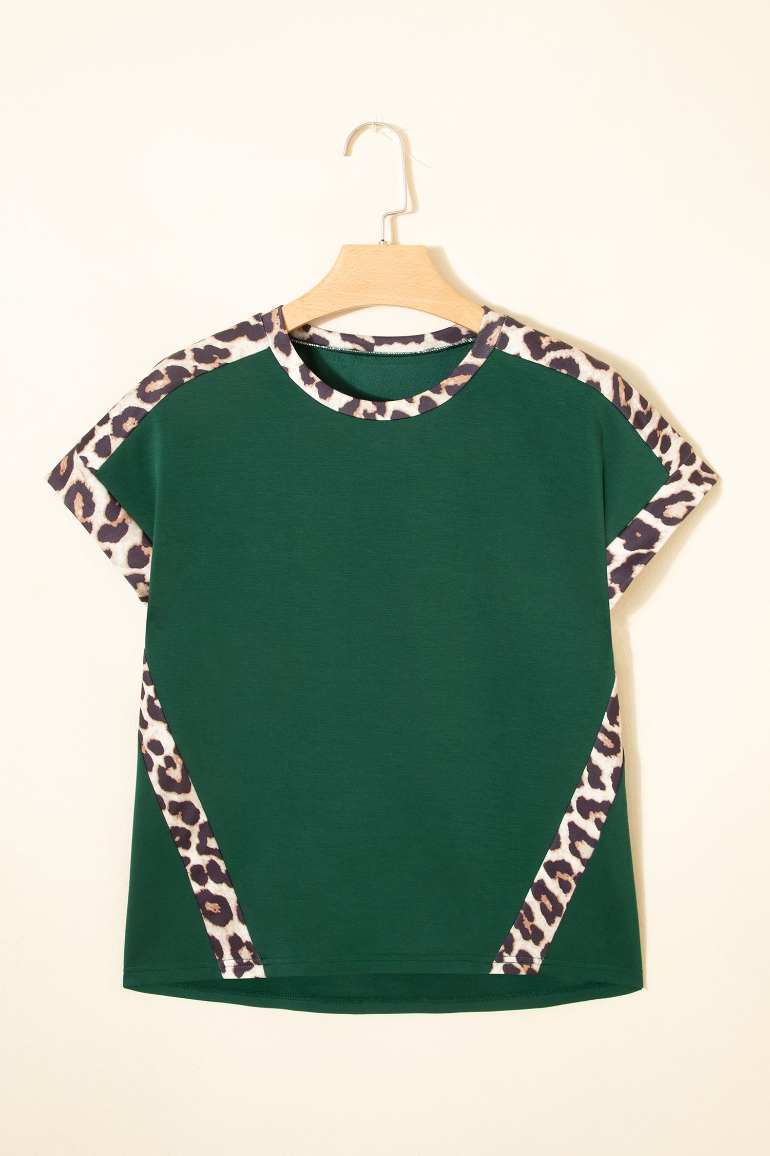 Sea Green Leopard Trim Round Neck Loose T Shirt